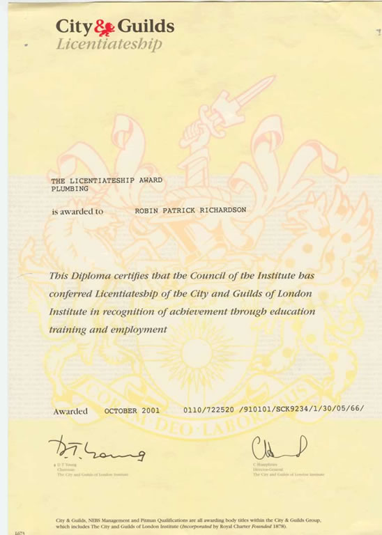 Robin Richardson Plumbing & Heating Qualifications