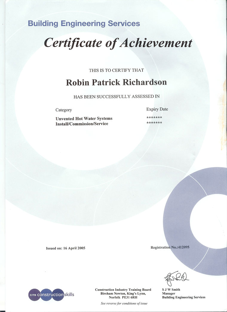 Robin Richardson Plumbing & Heating Qualifications