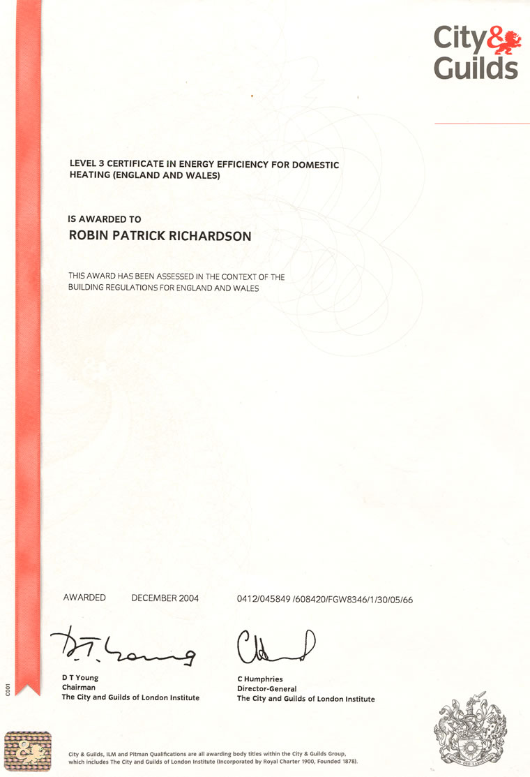 Robin Richardson Plumbing & Heating Qualifications