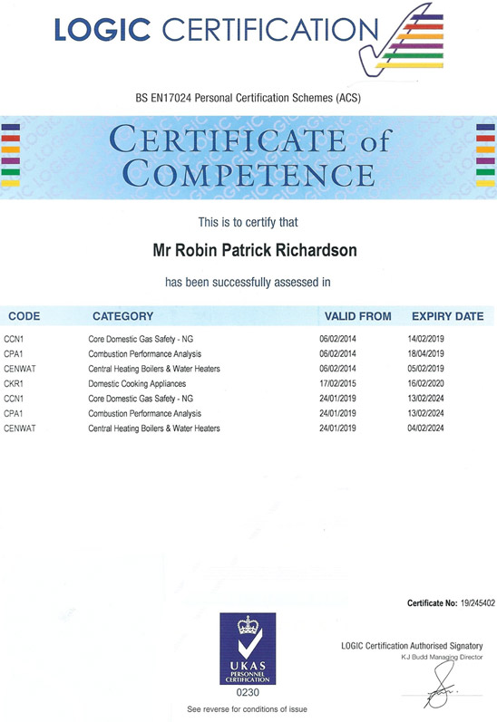 Robin Richardson Plumbing & Heating Qualifications